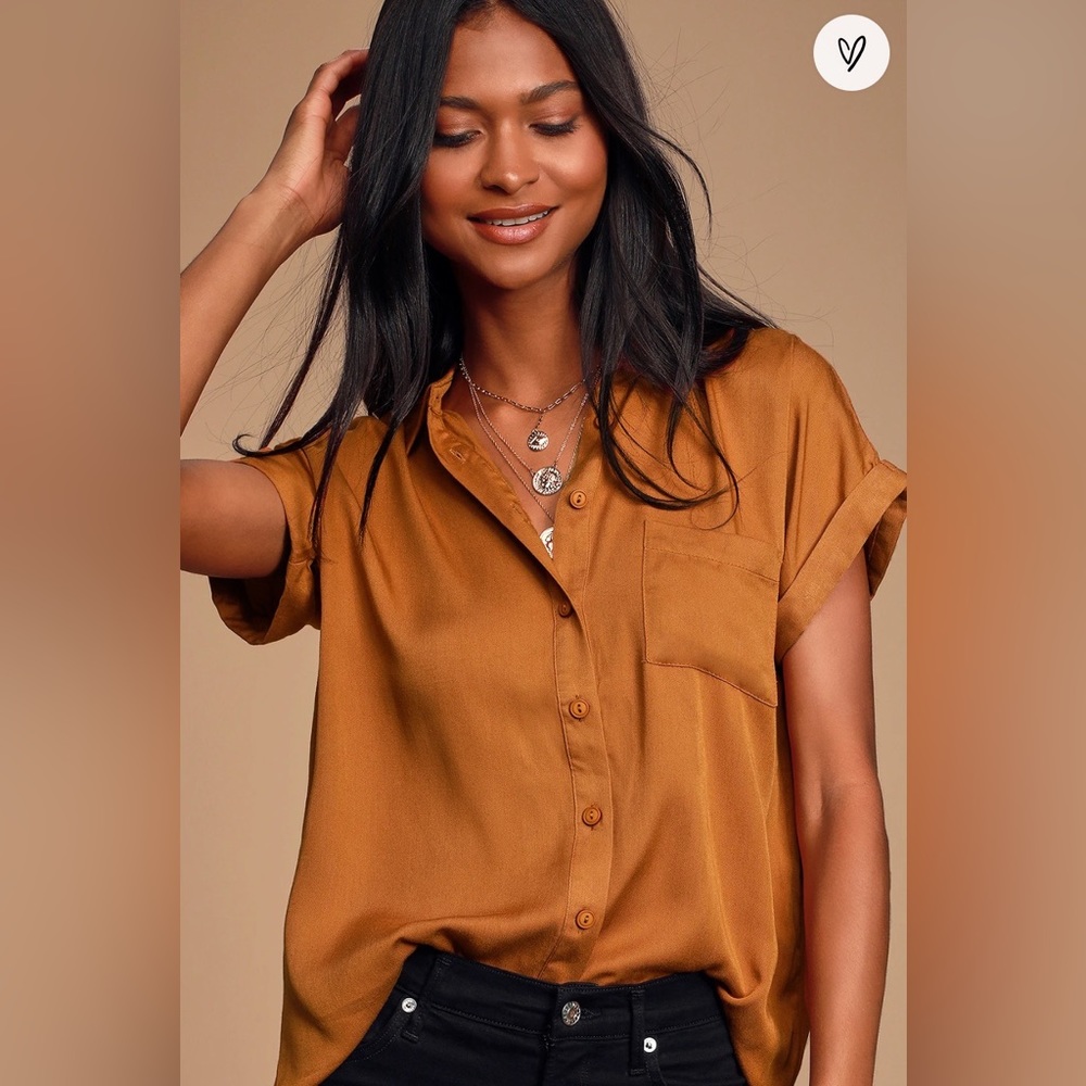Lulu’s Rust Brown Short Sleeve Button-up Top